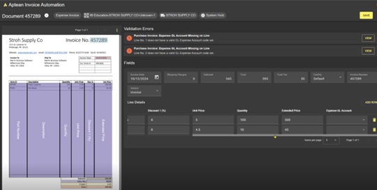 Invoice Automation Document View showing the invoice with no GL Account set & validation errors for this