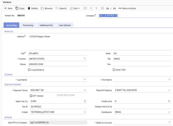 The M2M Vendor screen showing the vendor details
