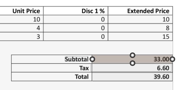 Subtotal has been anchored to the words Subtotal