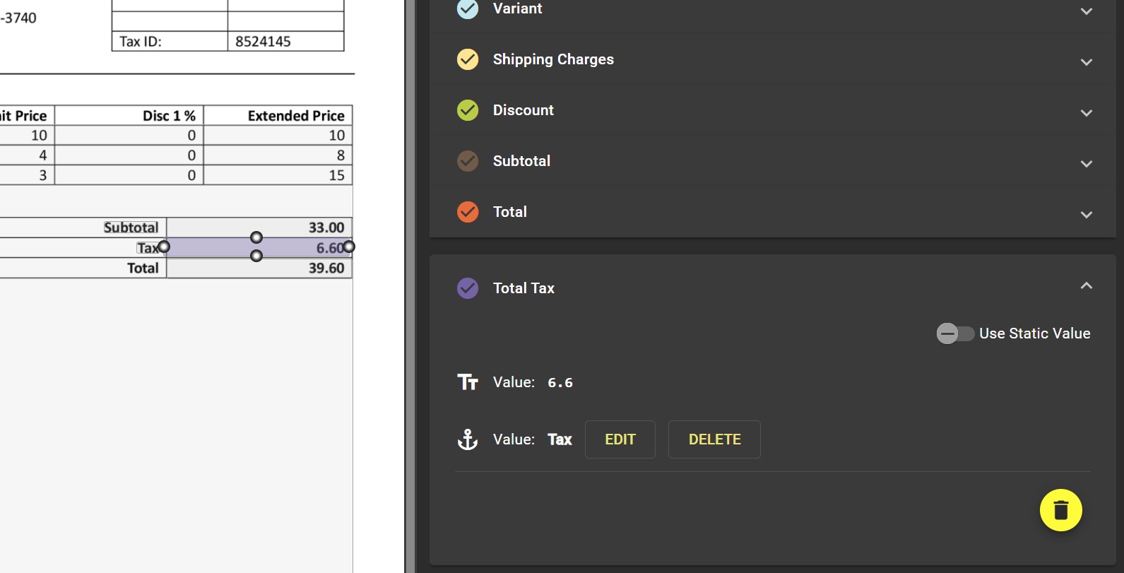 Tax Total Incorrectly anchored to the word Tax with another instance of Tax highlighted